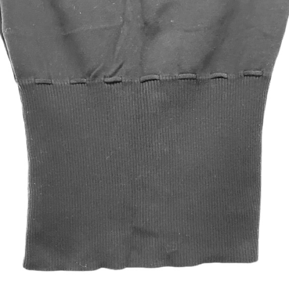 Black V-Neck Knit Short Sleeve Sweater Top with Woven Waist Tie and Ribbed Hem. - Picture 3 of 5